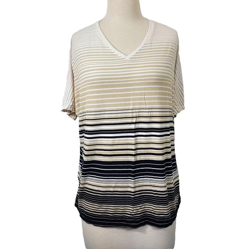 Chico's T Shirt Top Comfy Soft Flowy Size 2 Womens Large Striped V Neck